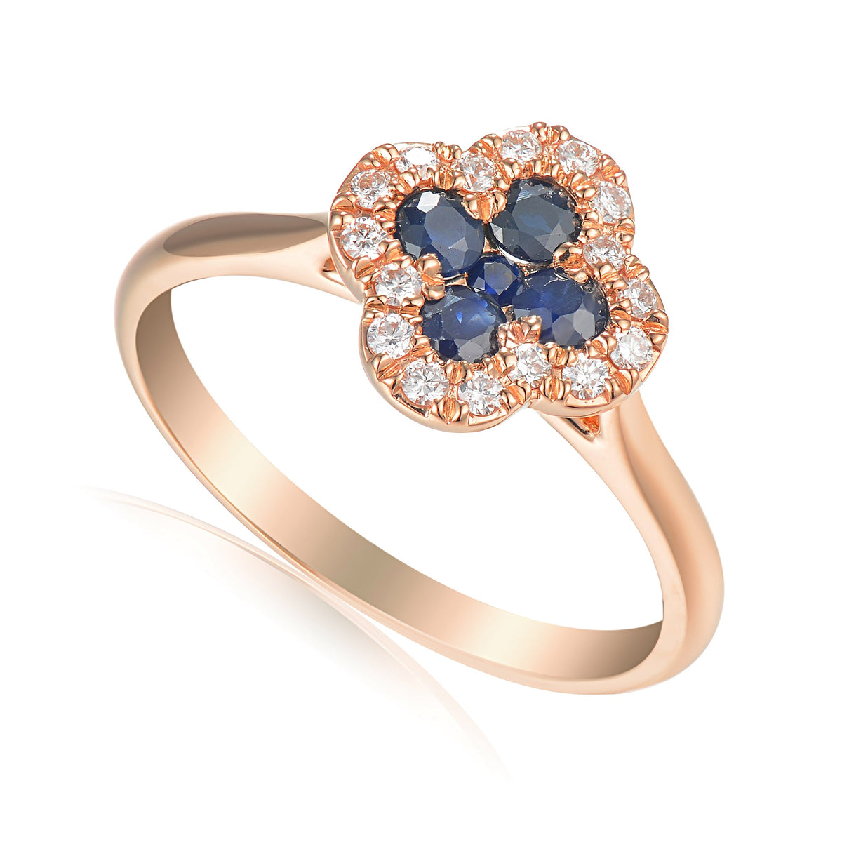 18k Rose Gold Blue Sapphire and Diamond Clover Cluster Ring 0.14ct G/SI - The Real Gem