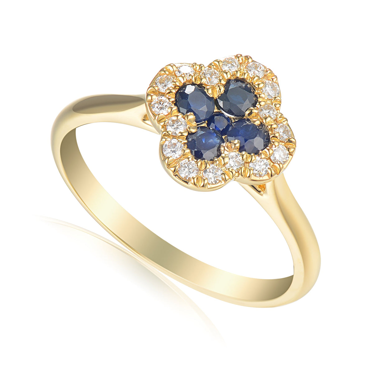 18k Yellow Gold Blue Sapphire and Diamond Clover Cluster Ring 0.14ct G/SI - The Real Gem