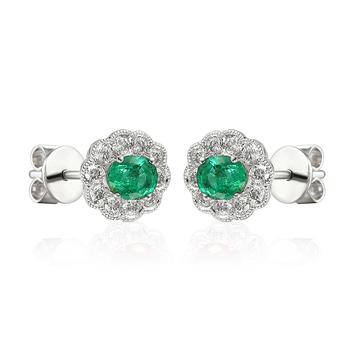 Oval emerald and diamond milgrain cluster earrings in 18k white gold