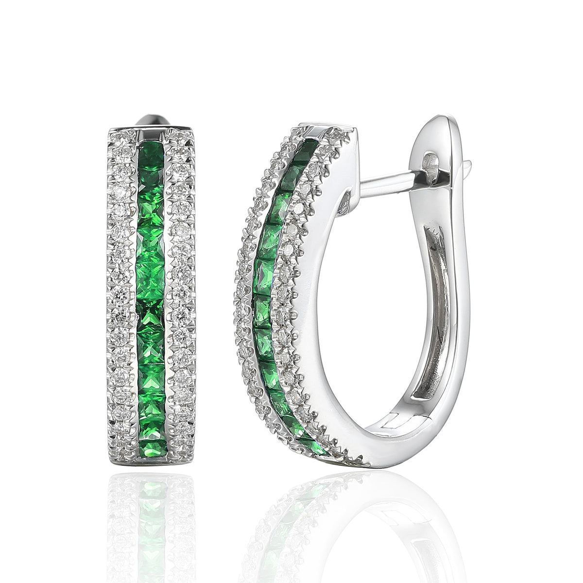 18k White Gold Princess Cut Emerald & Diamond Hoop Earrings - The Real Gem