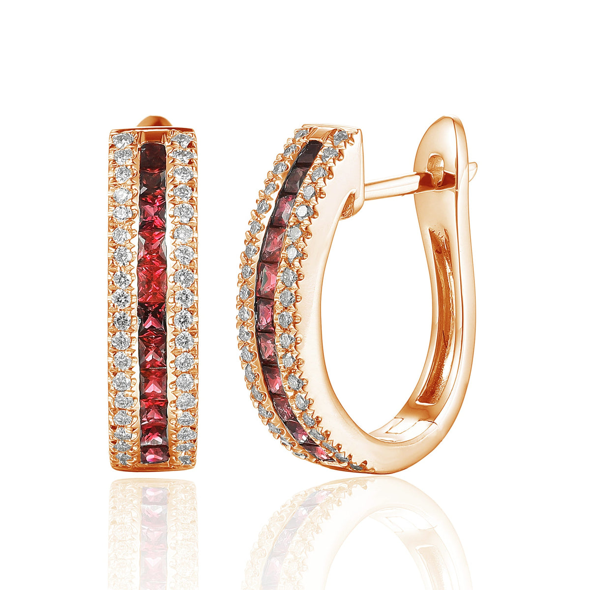 18k Rose Gold Princess Cut Ruby & Diamond Hoop Earrings - The Real Gem