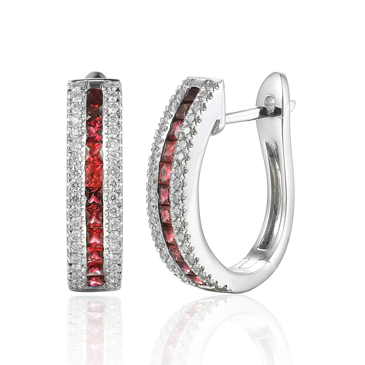 18k White Gold Princess Cut Ruby & Diamond Hoop Earrings - The Real Gem