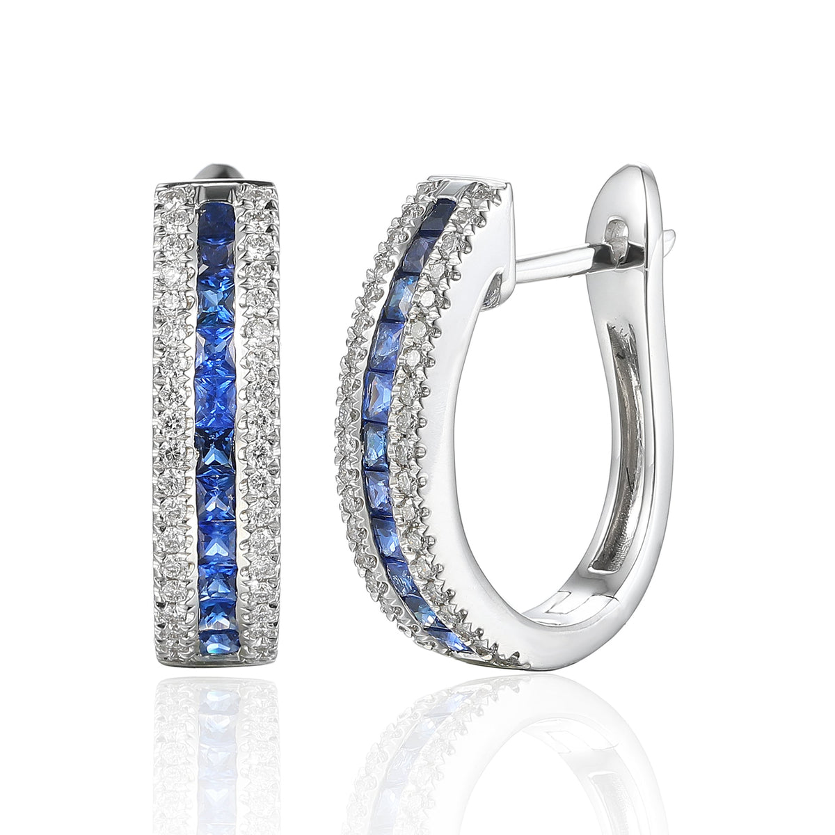 18k White Gold Princess Cut Blue Sapphire & Diamond Hoop Earrings - The Real Gem