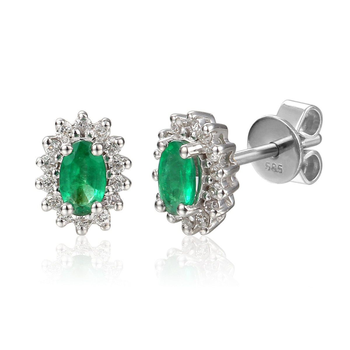 Emerald and diamond oval cluster earrings in 18k white gold
