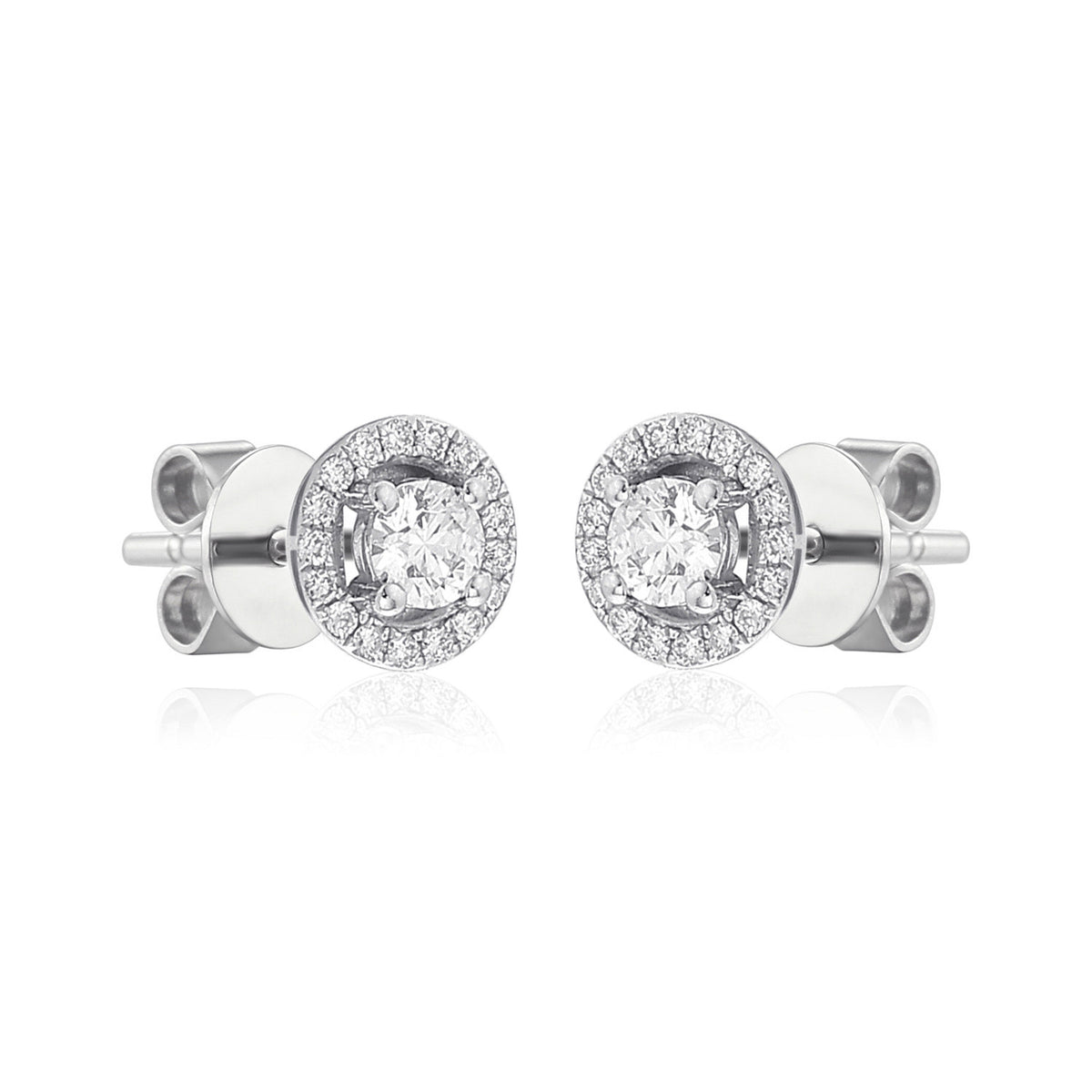 Diamond halo stud earrings in 18k white gold