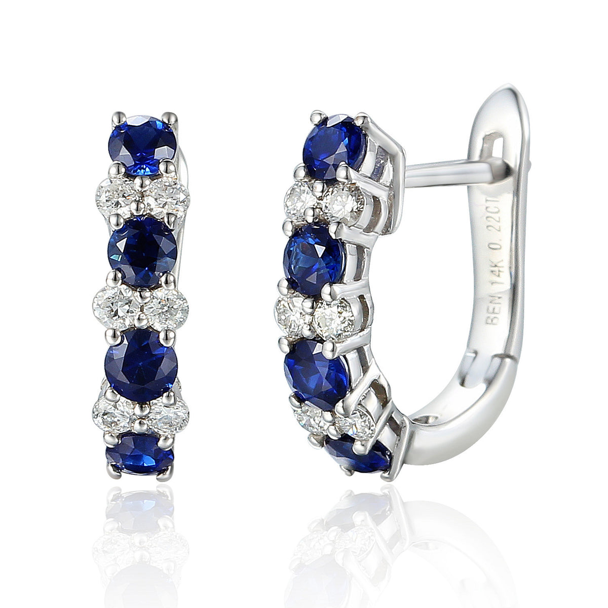 Blue sapphire and diamond hoop earrings in 18k white gold
