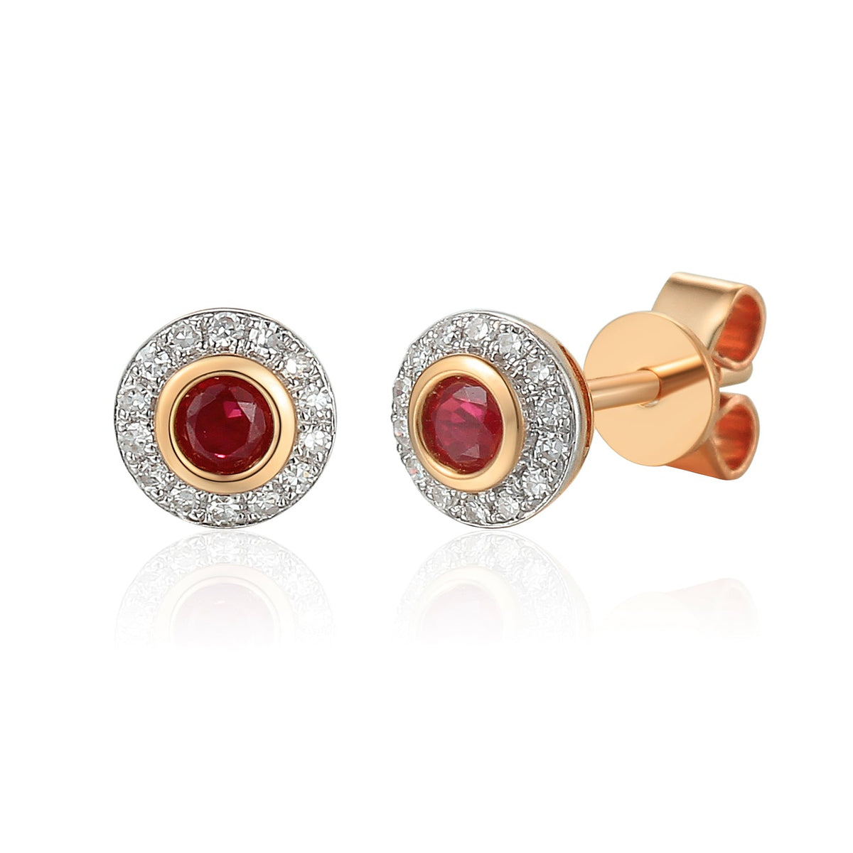 18k Rose Gold Ruby Rubover Halo Stud Earrings - The Real Gem