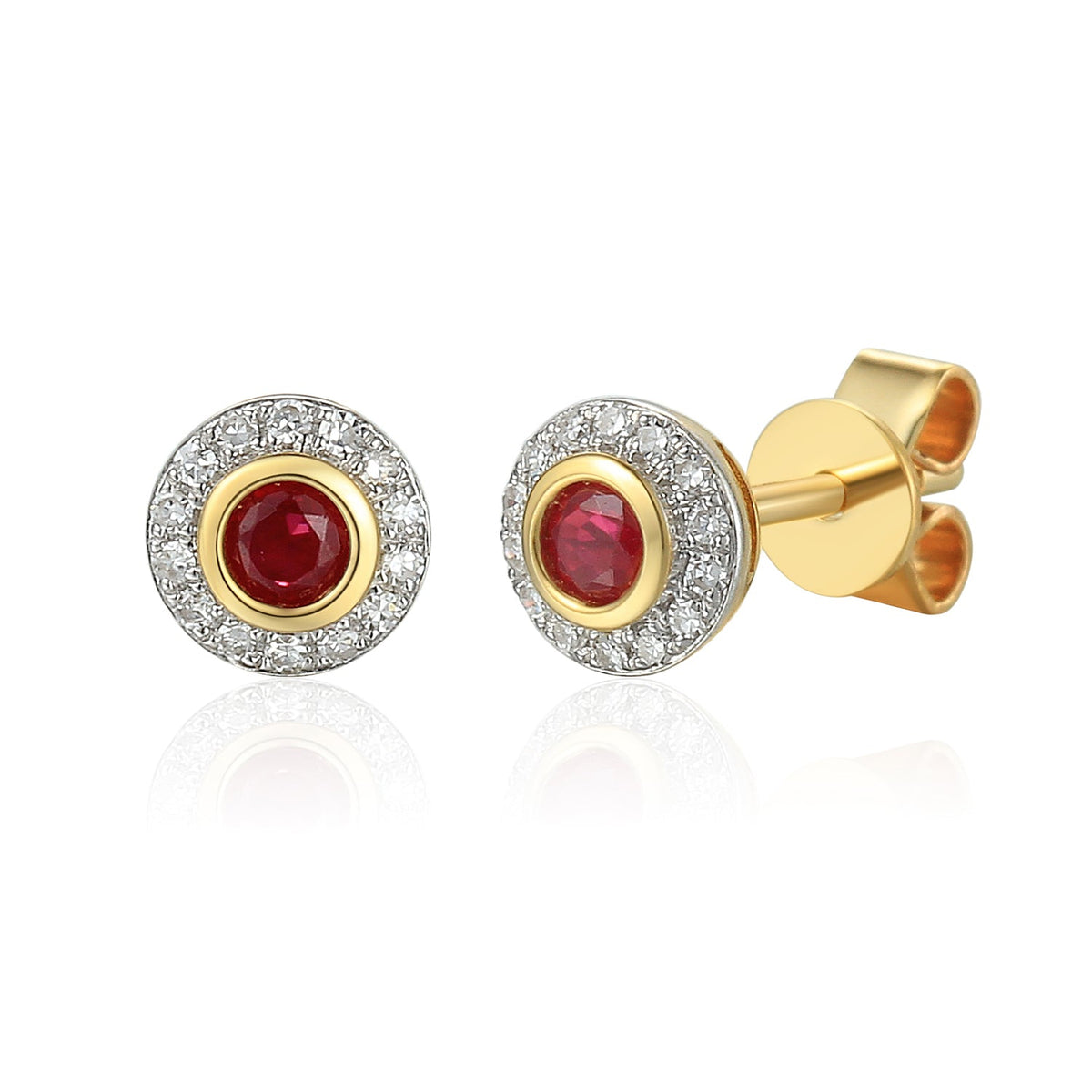18k Yellow Gold Ruby Rubover Halo Stud Earrings - The Real Gem