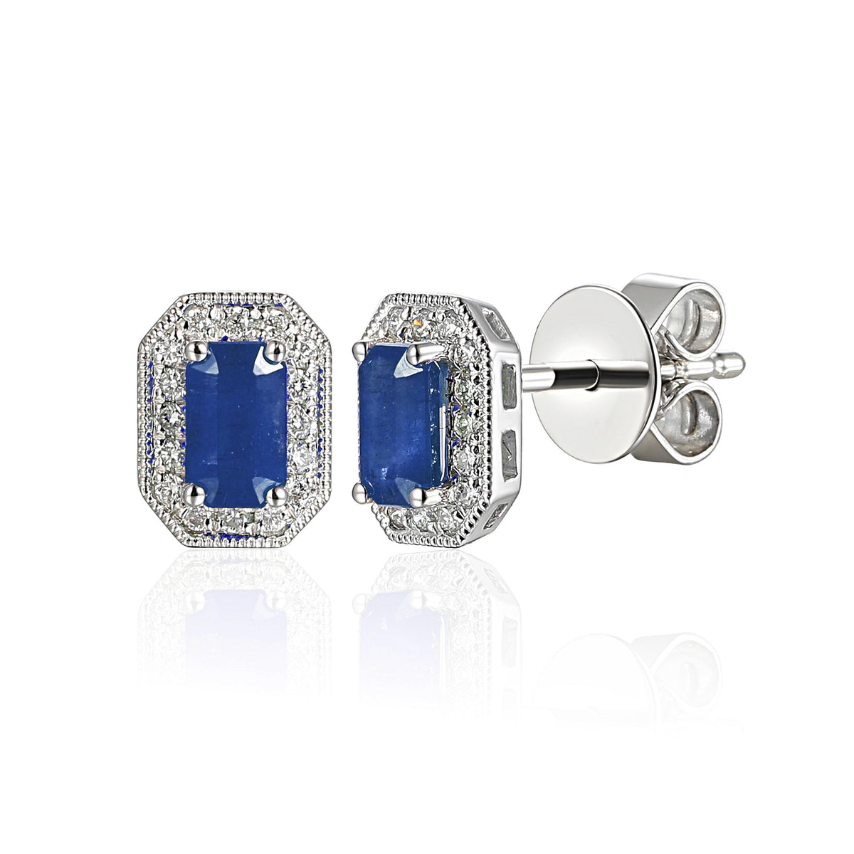 Blue sapphire and diamond emerald cut halo stud earrings in 18k white gold