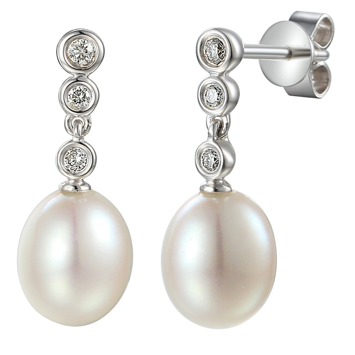 Oval pearl and diamond drop earrings in 18k white gold