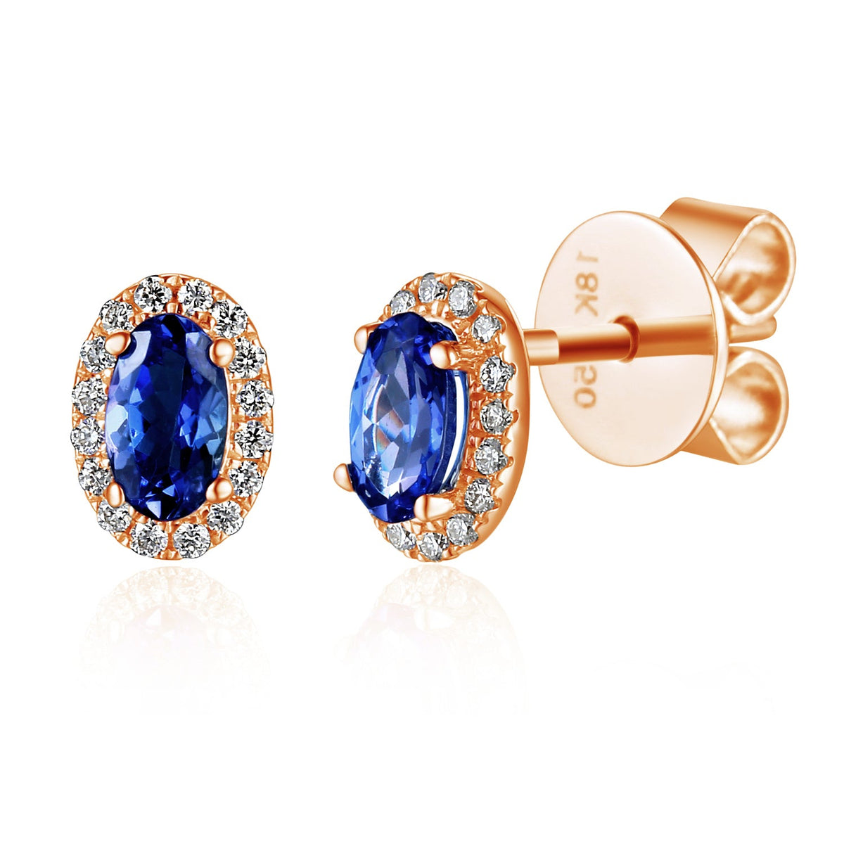 18k Rose Gold Blue Sapphire and Diamond Halo Stud Earrings 0.10ct G/SI - The Real Gem