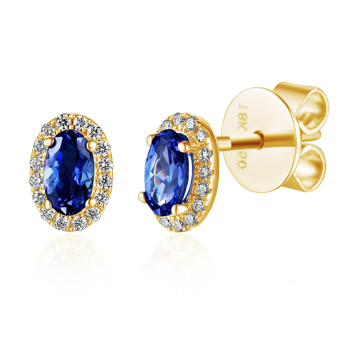 18k Yellow Gold Blue Sapphire and Diamond Halo Stud Earrings 0.10ct G/SI - The Real Gem