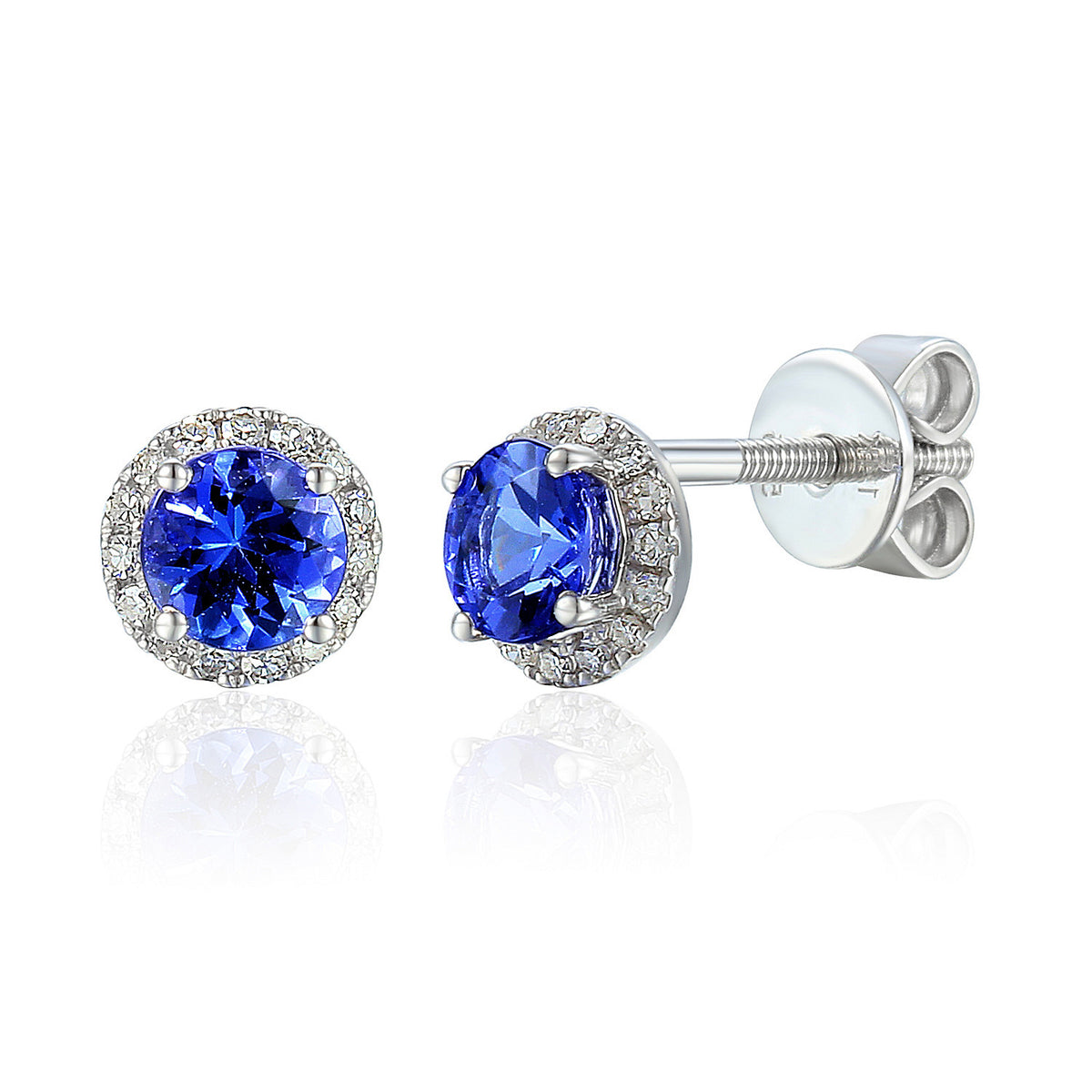 Round tanzanite and diamond halo earrings in 18k white gold