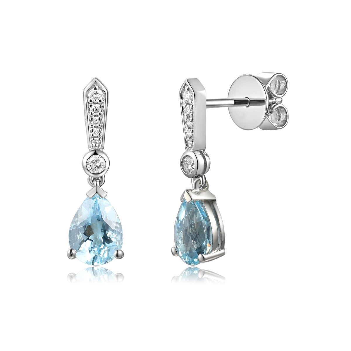 Aquamarine and diamond pear drop earrings in 18k white gold