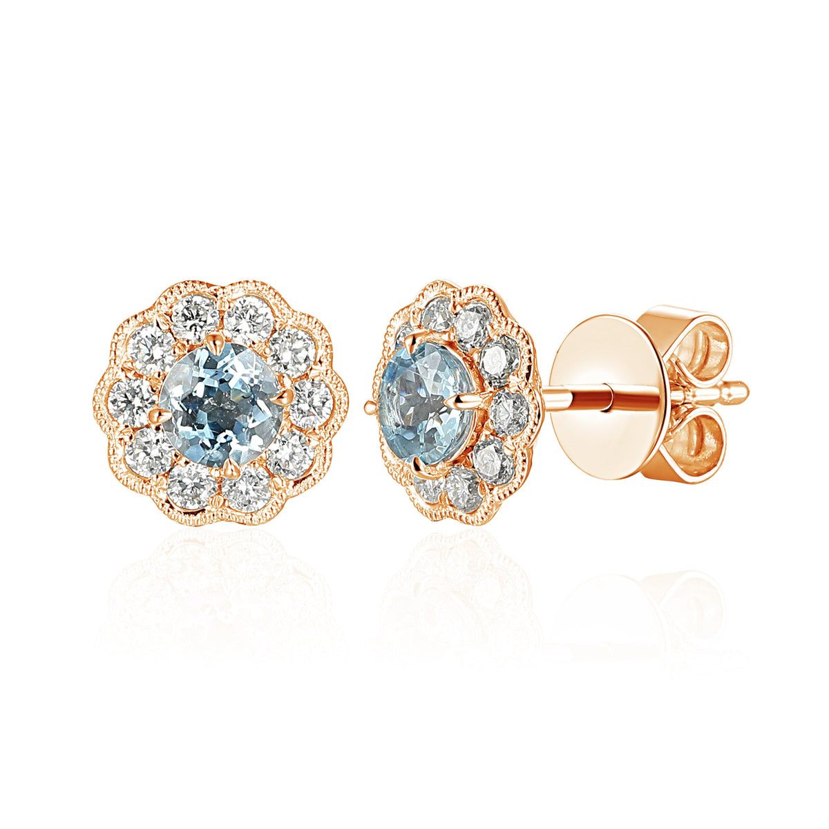 18k Rose Gold Aquamarine Milgrain Flower Halo Stud Earrings - The Real Gem