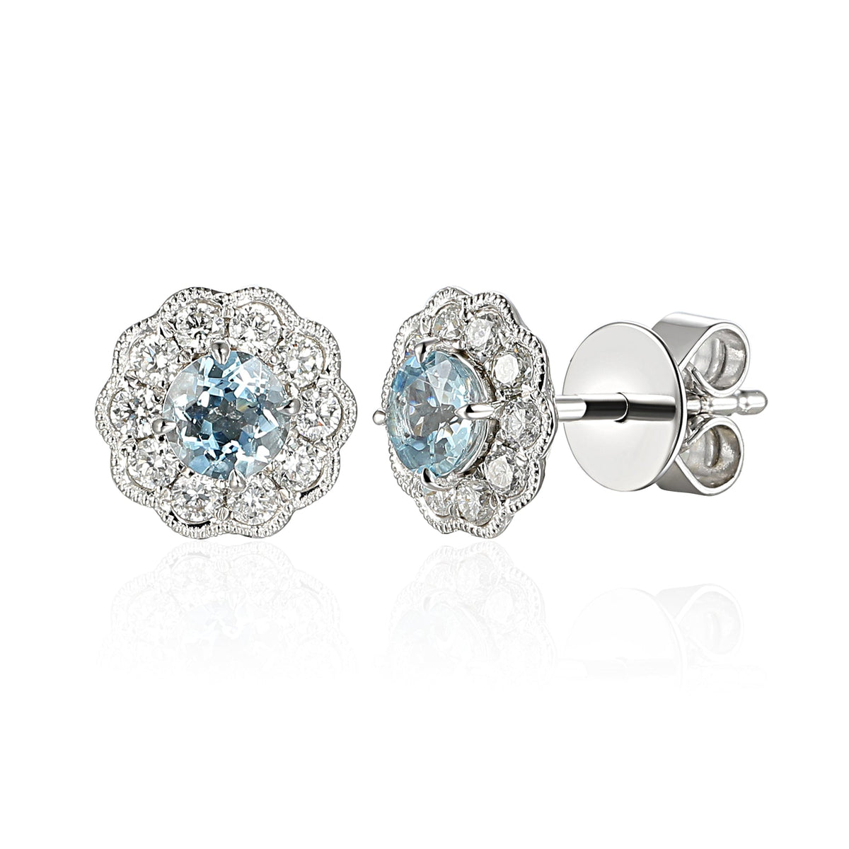 18k White Gold Aquamarine Milgrain Flower Halo Stud Earrings - The Real Gem