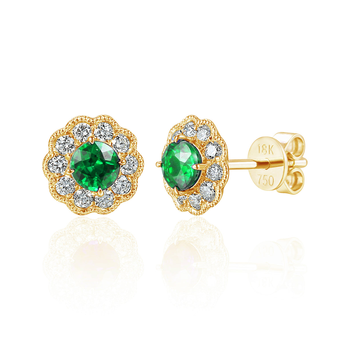 Emerald 4mm & Diamond 0.36ct Milgrain Flower Halo Stud Earrings