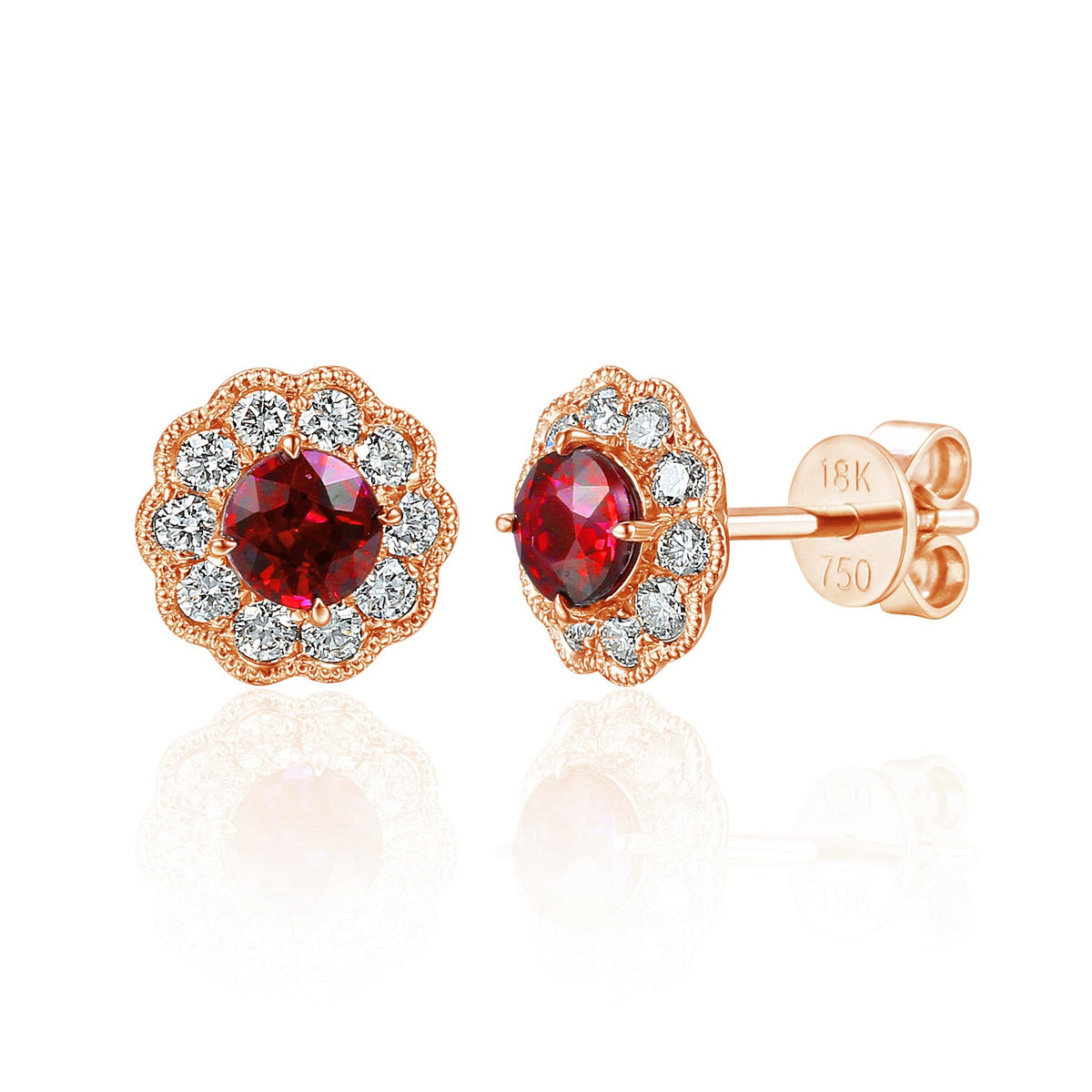 18k Rose Gold Ruby Milgrain Flower Halo Stud Earrings - The Real Gem