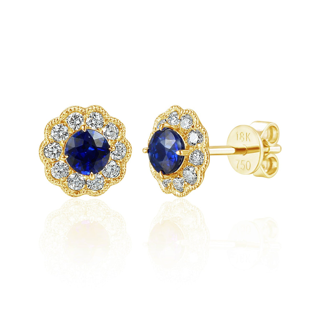 18k Yellow Gold Blue Sapphire Milgrain Flower Halo Stud Earrings - The Real Gem
