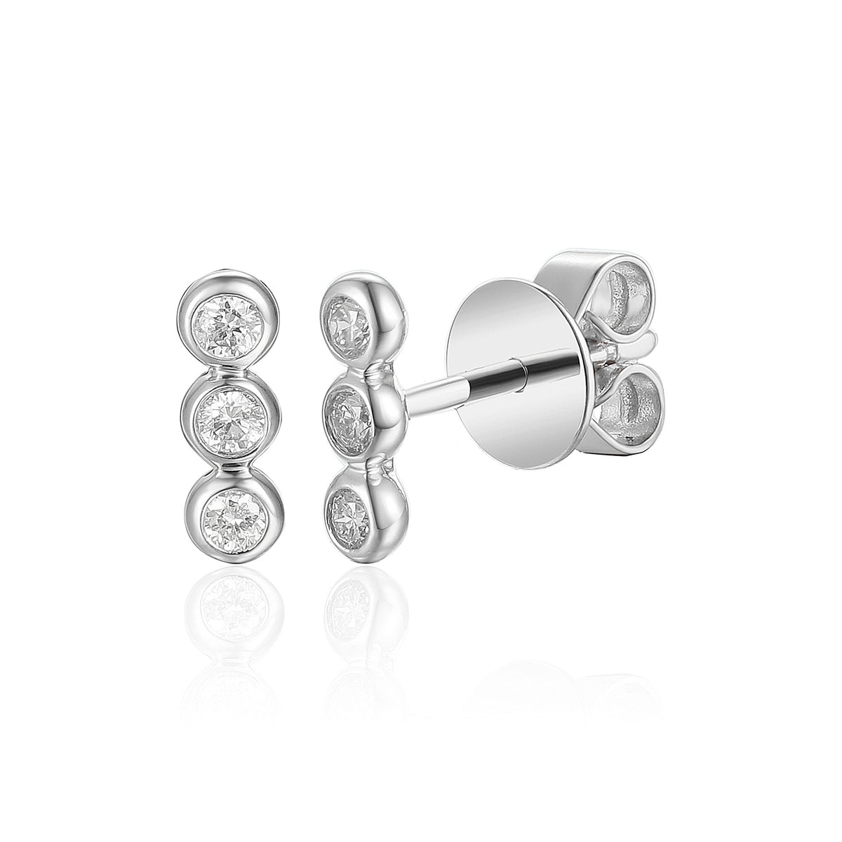 18k White Gold Three-Stone Bezel-Set Diamond Bar Stud Earrings – The Real Gem