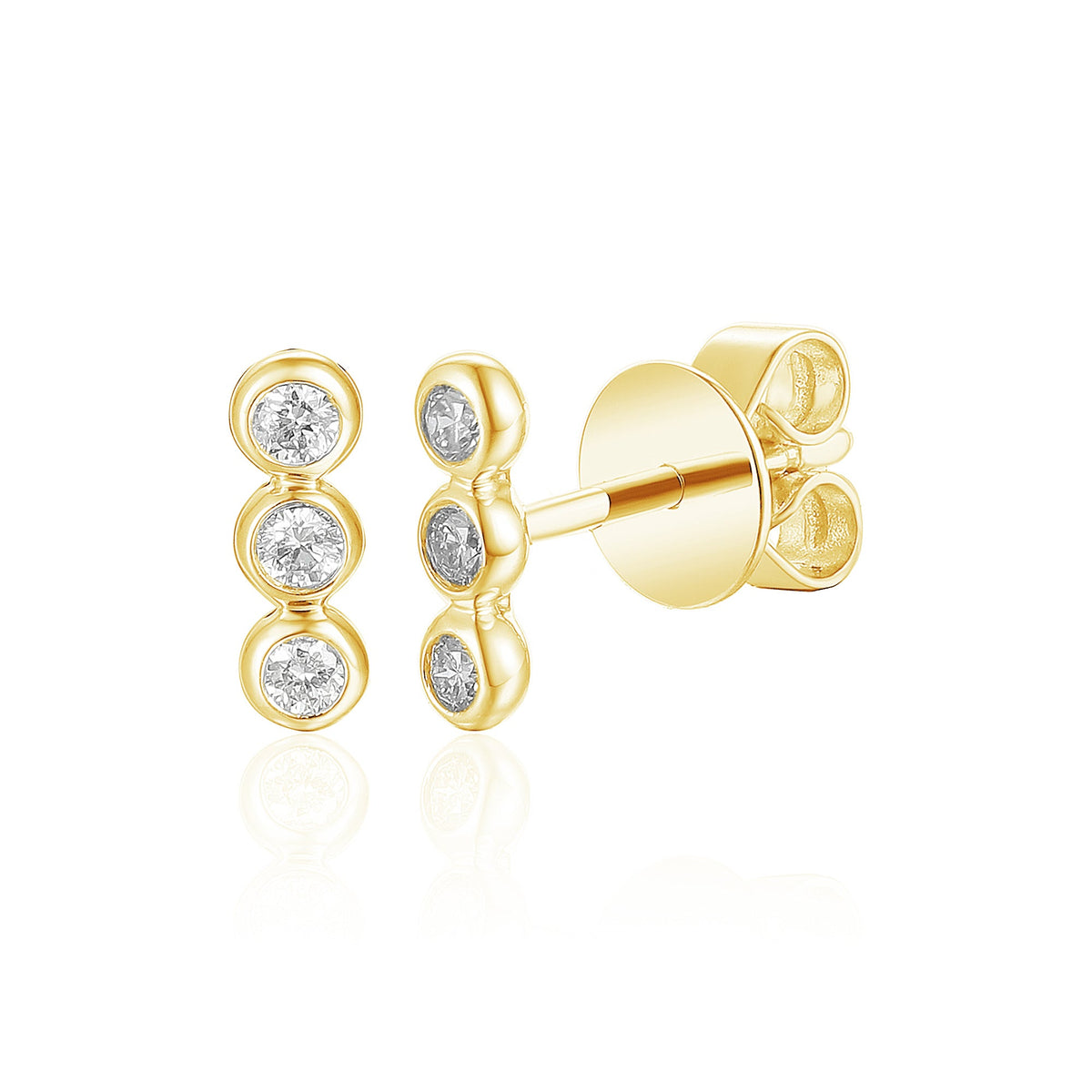 18k Yellow Gold Three-Stone Bezel-Set Diamond Bar Stud Earrings – The Real Gem