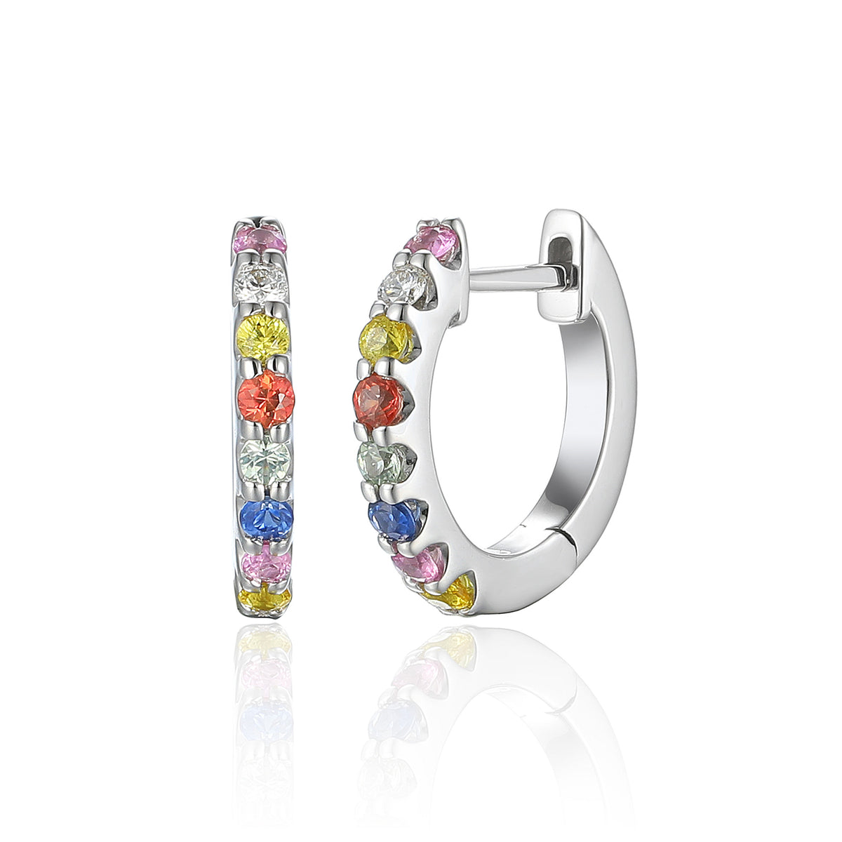 Rainbow sapphire and diamond huggie hoop earrings in 18k white gold
