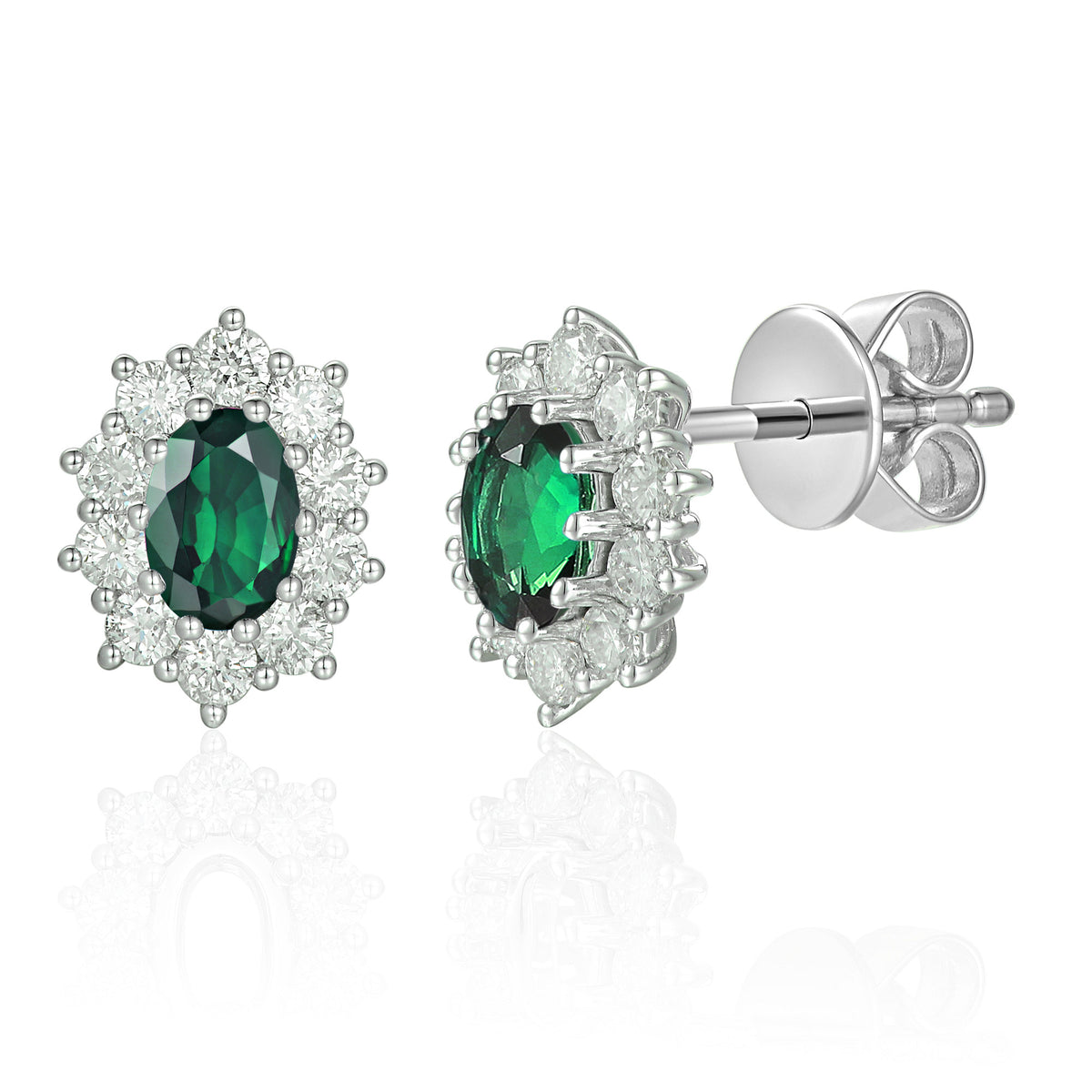 Oval emerald and diamond 0.42ct cluster earrings in 18k white gold