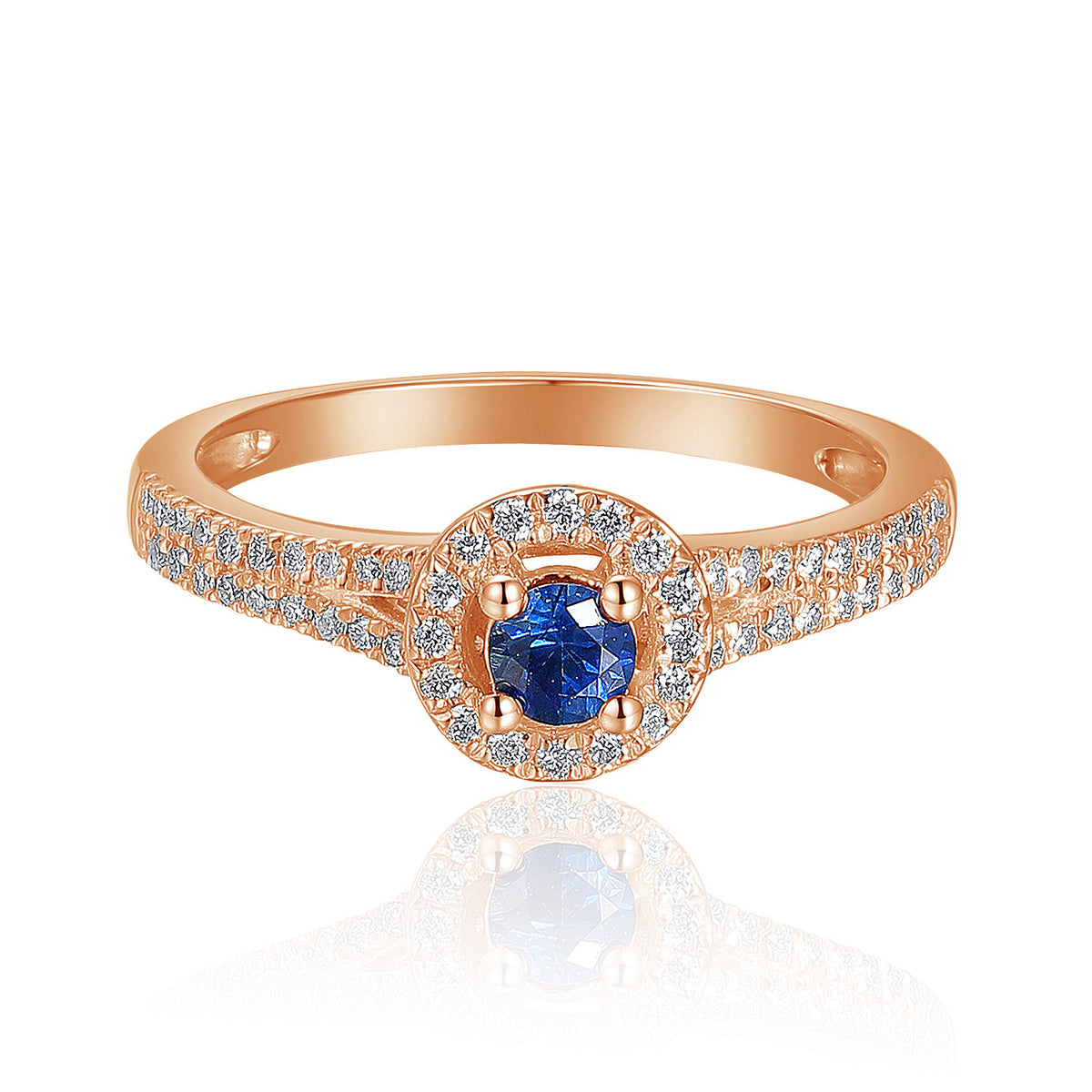 Blue sapphire and diamond halo ring in 18k rose gold