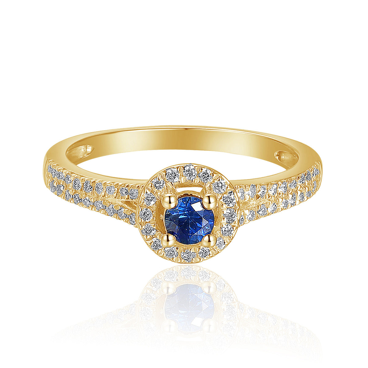 Blue sapphire and diamond halo ring in 18k yellow gold