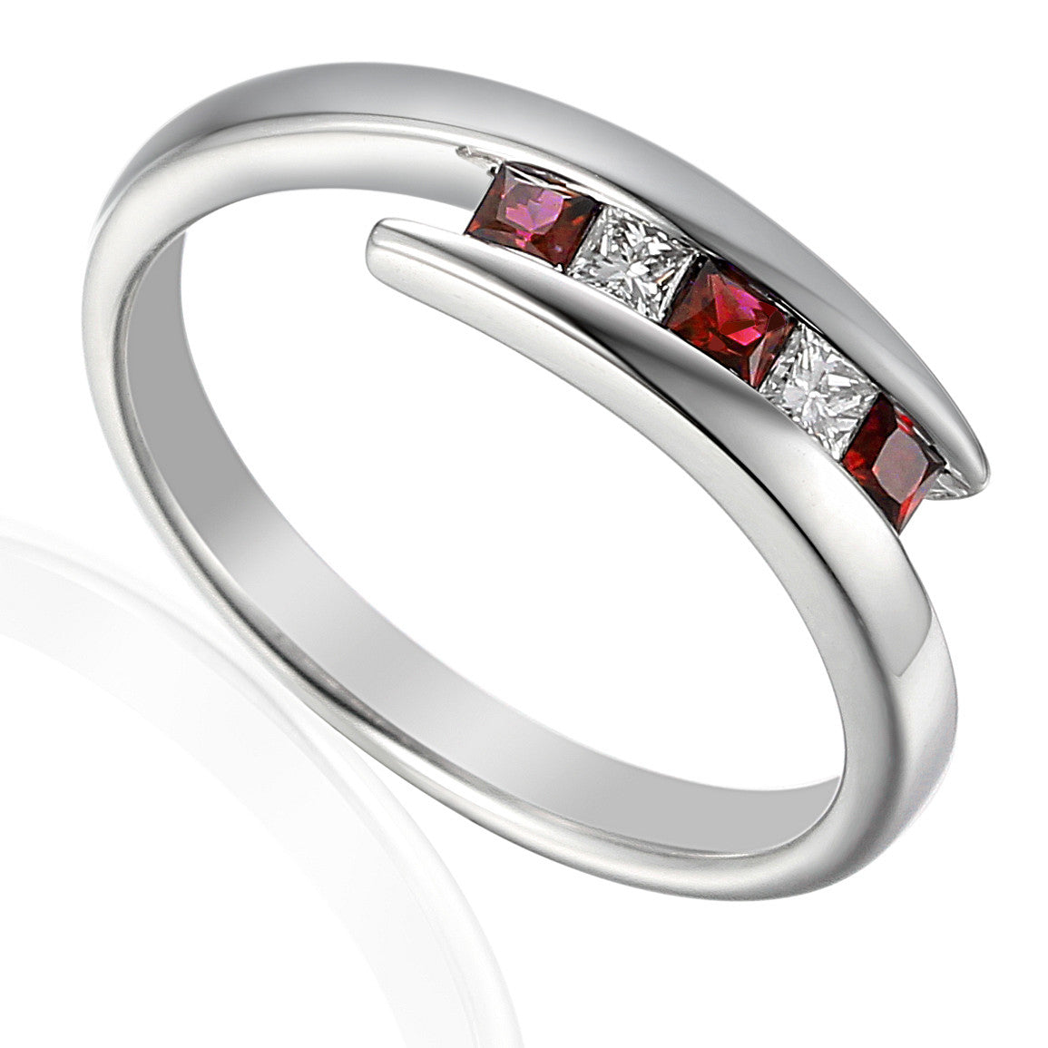 Ruby and diamond princess cut crossover ring in 18k white gold