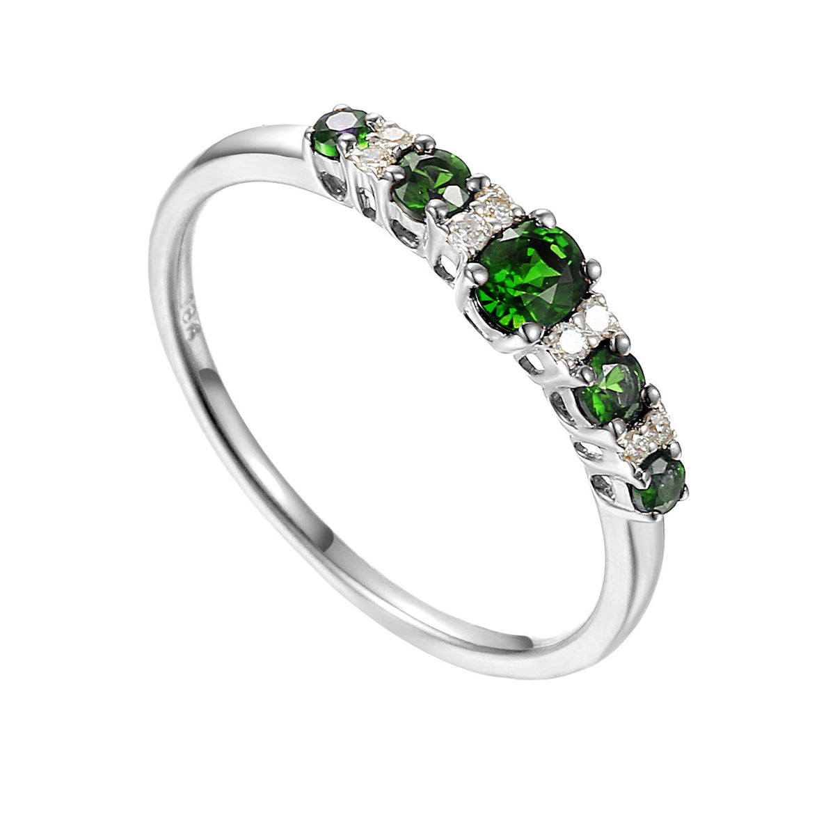 Emerald and diamond graduated five stone ring in 18k white gold