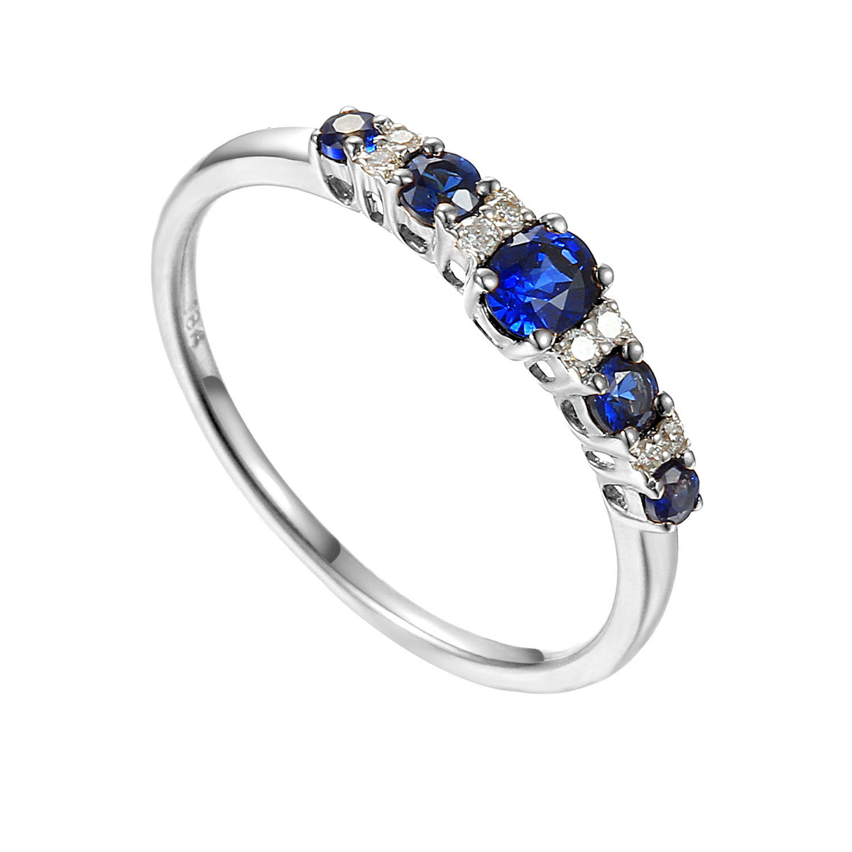 Blue sapphire and diamond graduated five stone ring in 18k white gold