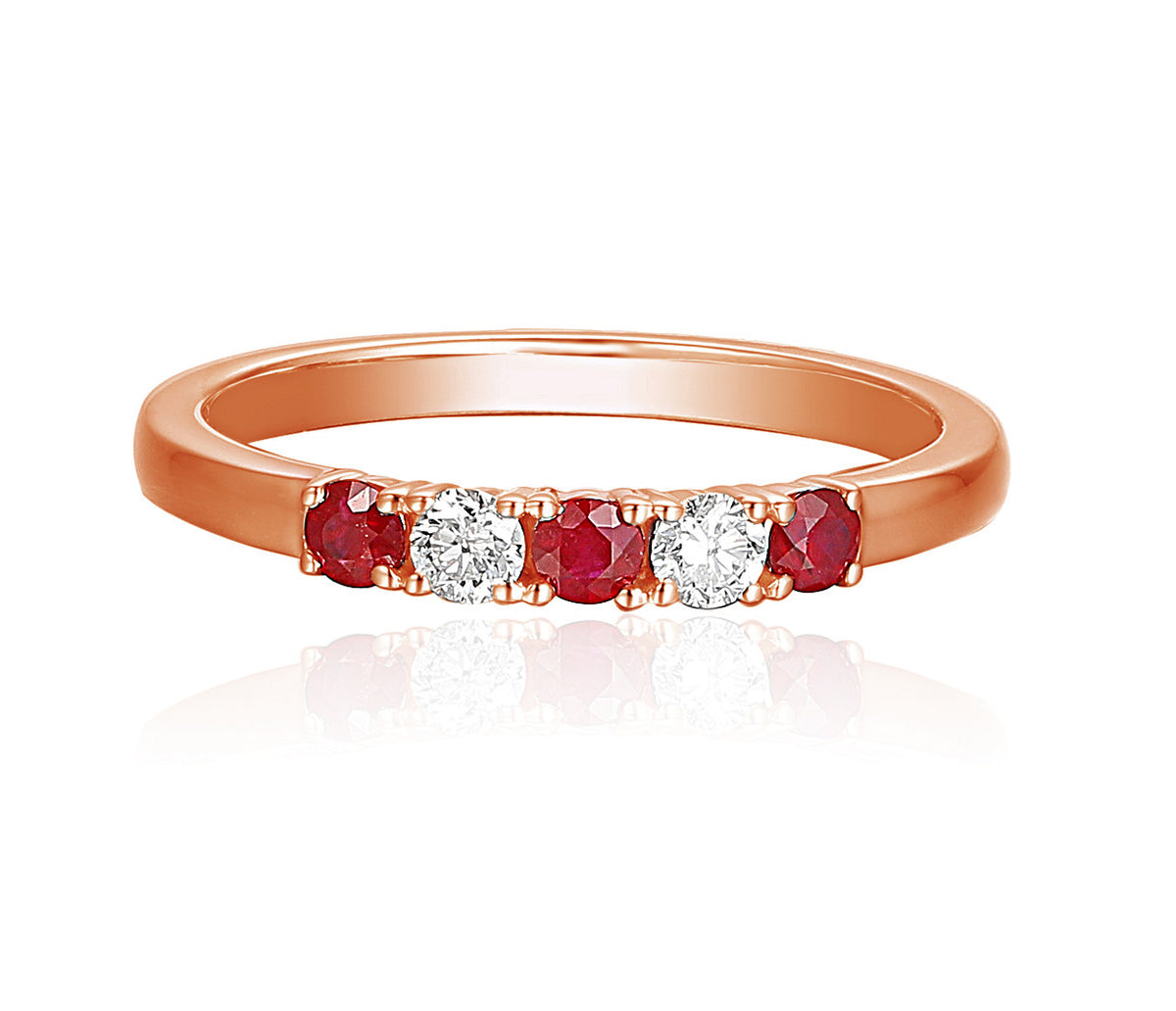 Ruby and diamond five stone ring in 18k rose gold