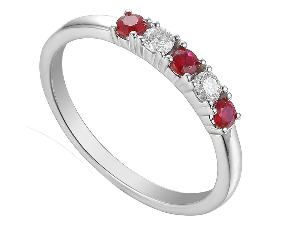 Ruby and diamond five stone ring in 18k white gold