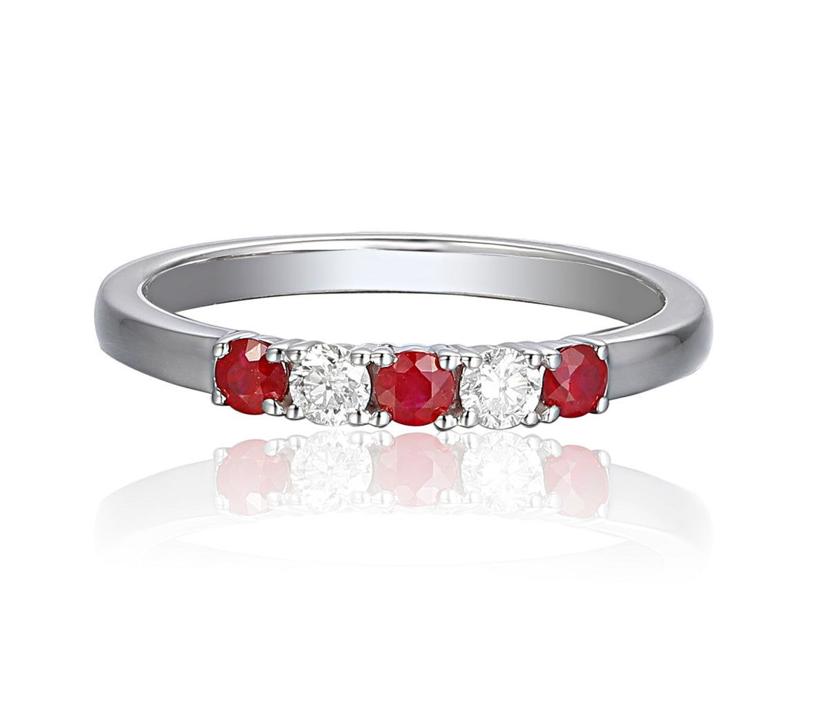 Ruby and diamond five stone ring in 18k white gold