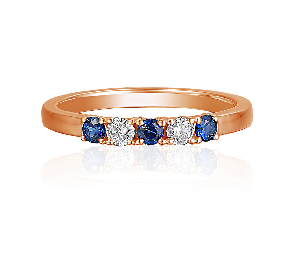 Blue sapphire and diamond five stone ring in 18k rose gold