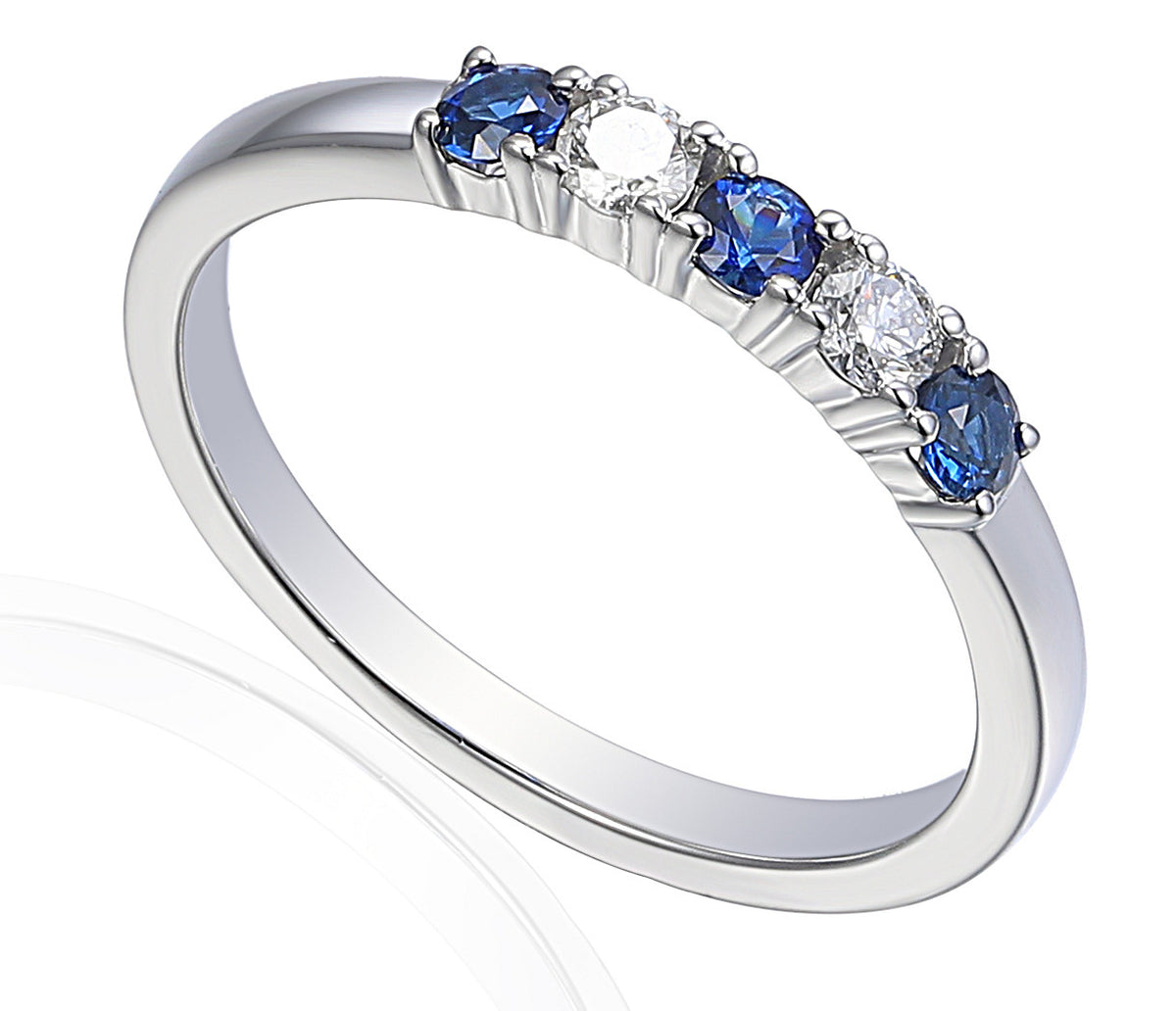 Blue sapphire and diamond five stone ring in 18k white gold