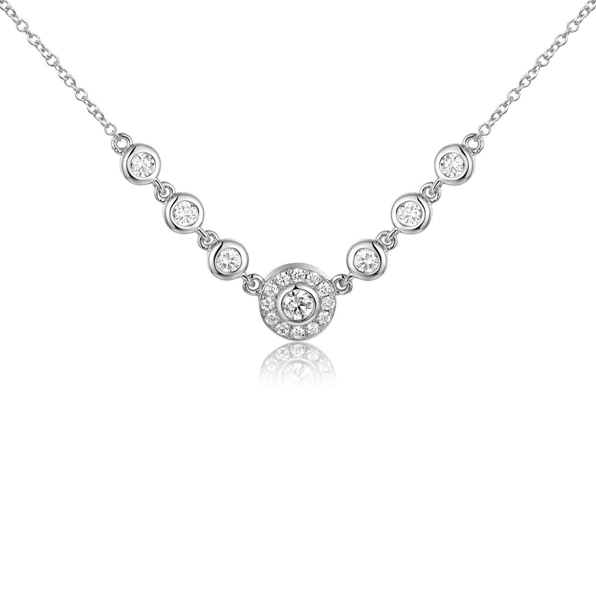 Diamond seven stone halo necklace 0.31ct in 18k white gold
