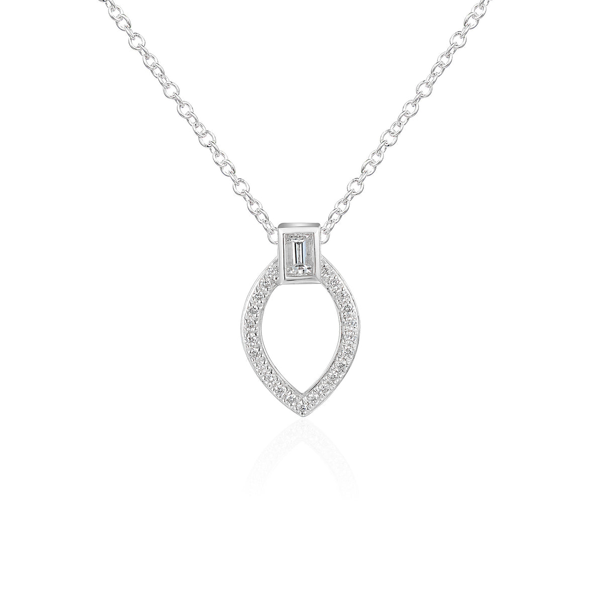 Baguette and round diamond circle necklace in 18k white gold