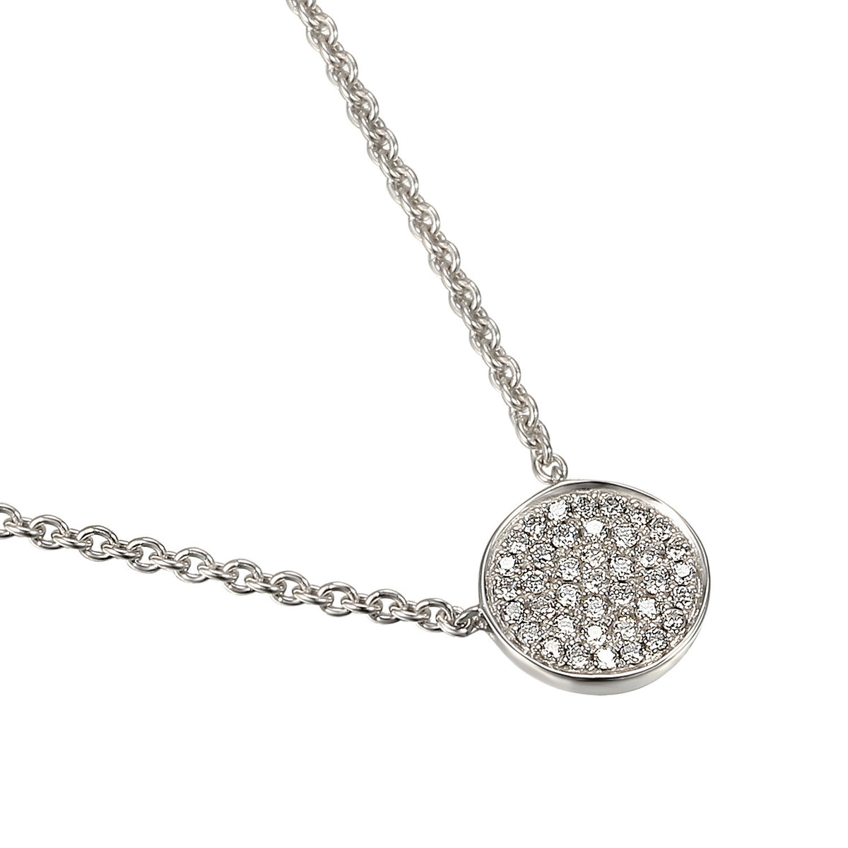 Diamond circle cluster pendant and chain in 18k white gold