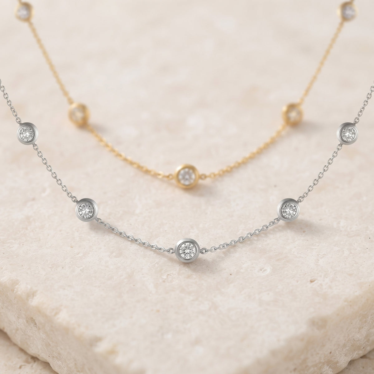 Rubover diamond by the yard necklaces in 18k white gold and 18k yellow gold