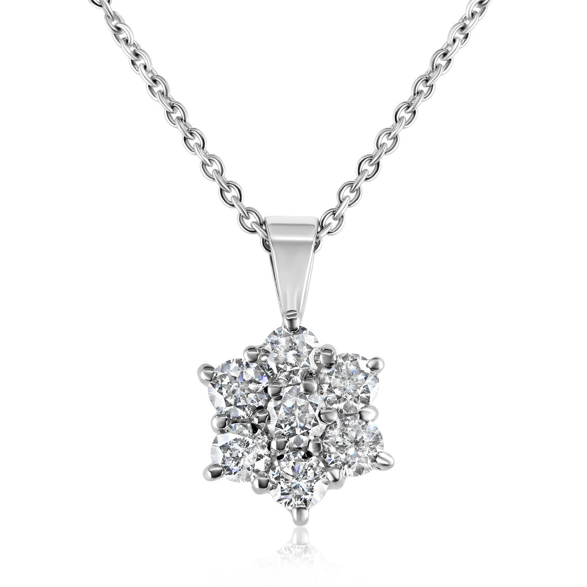 Diamond daisy cluster pendant and chain in 18k white gold