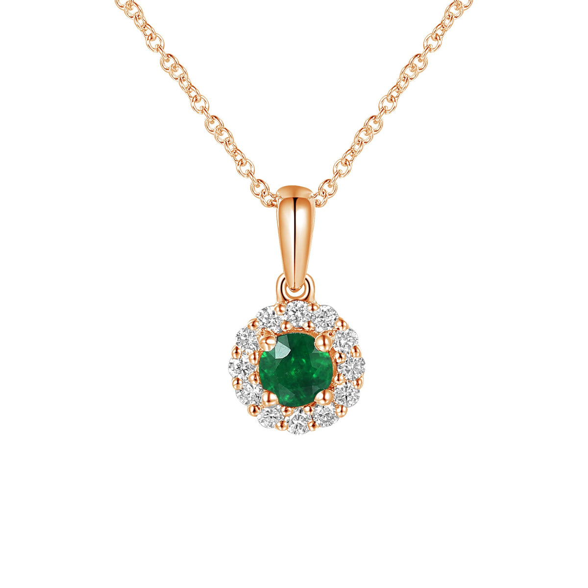 18k Rose Gold Emerald and Diamond Halo Pendant Necklace 0.13ct G/SI - The Real Gem