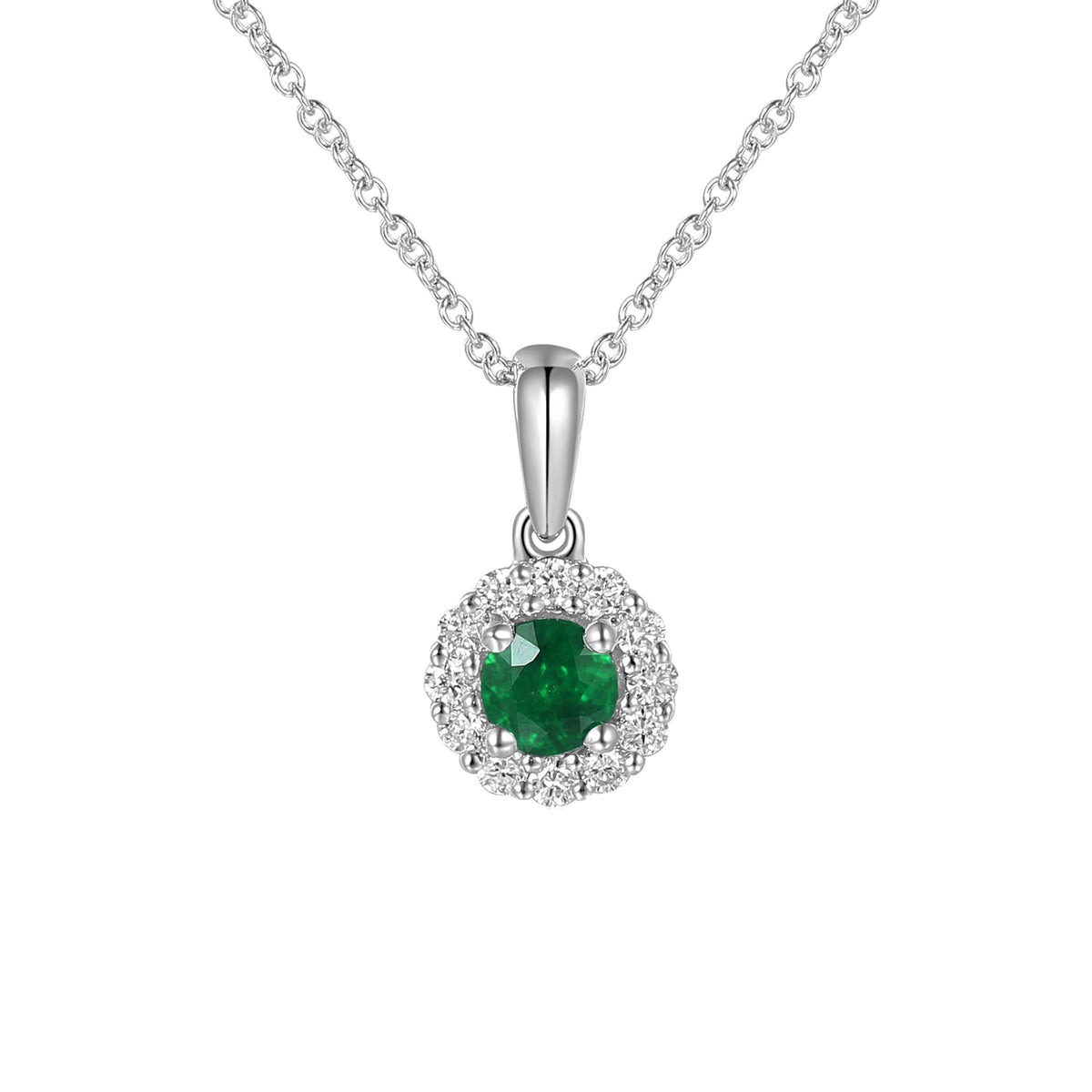 18k White Gold Emerald and Diamond Halo Pendant Necklace 0.13ct G/SI - The Real Gem