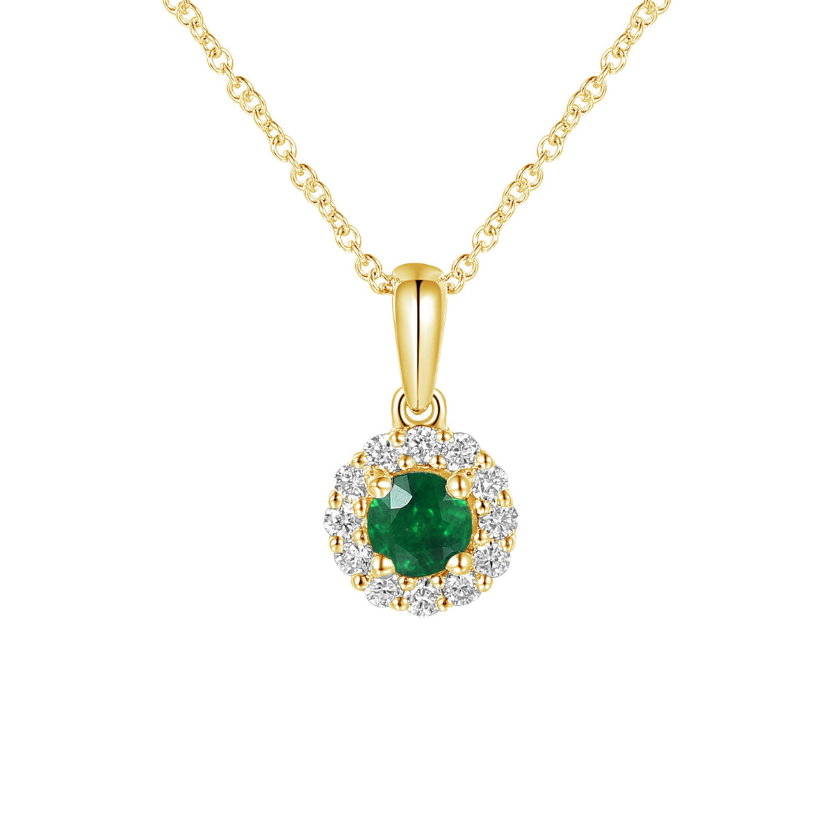 18k Yellow Gold Emerald and Diamond Halo Pendant Necklace 0.13ct G/SI - The Real Gem