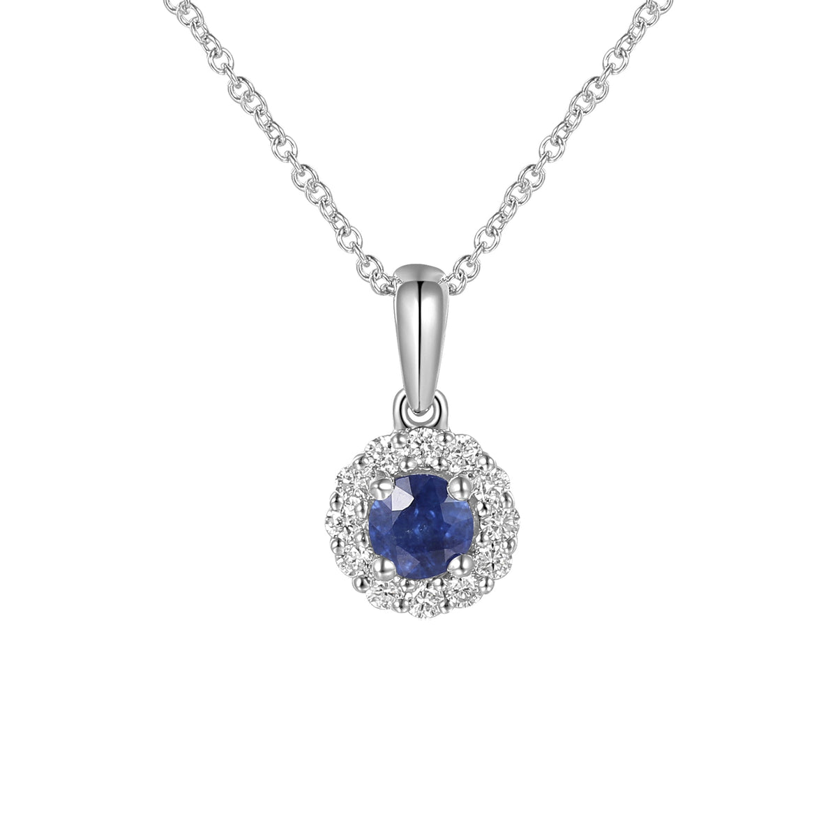 18k White Gold Blue Sapphire and Diamond Halo Pendant Necklace 0.13ct G/SI - The Real Gem