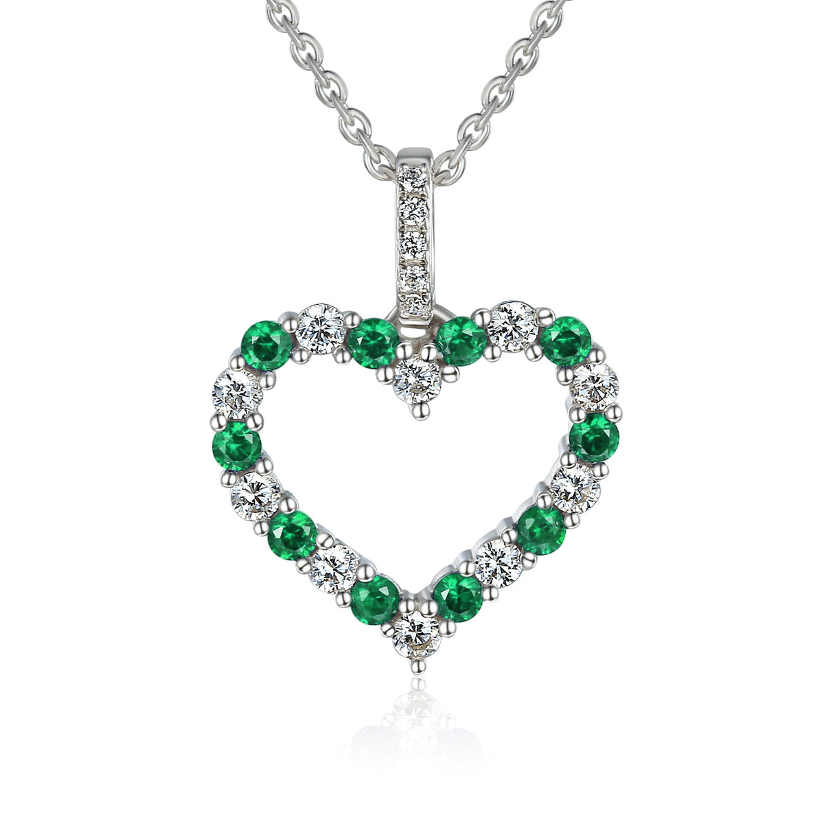 18k White Gold Emerald And Diamond 0.26ct Heart Pendant Necklace - The Real Gem
