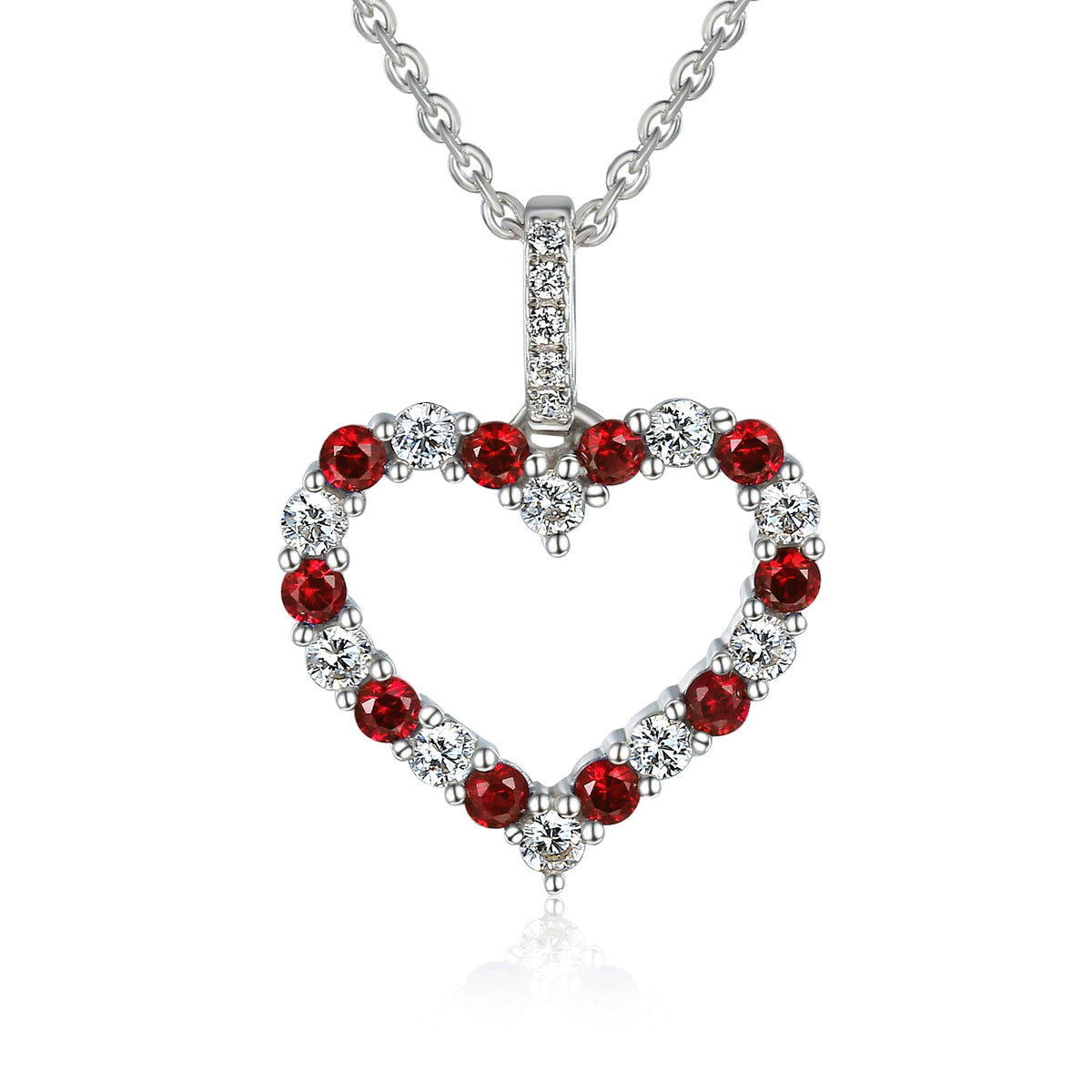 18k White Gold Ruby And Diamond 0.26ct Heart Pendant Necklace - The Real Gem