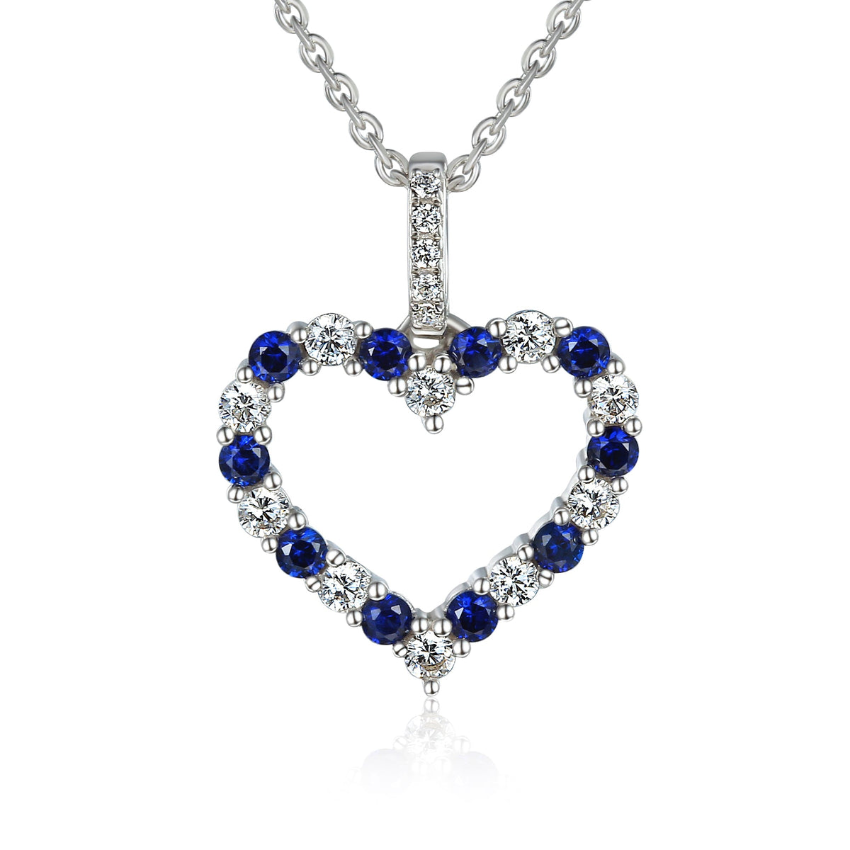 18k White Gold Blue Sapphire And Diamond 0.26ct Heart Pendant Necklace - The Real Gem