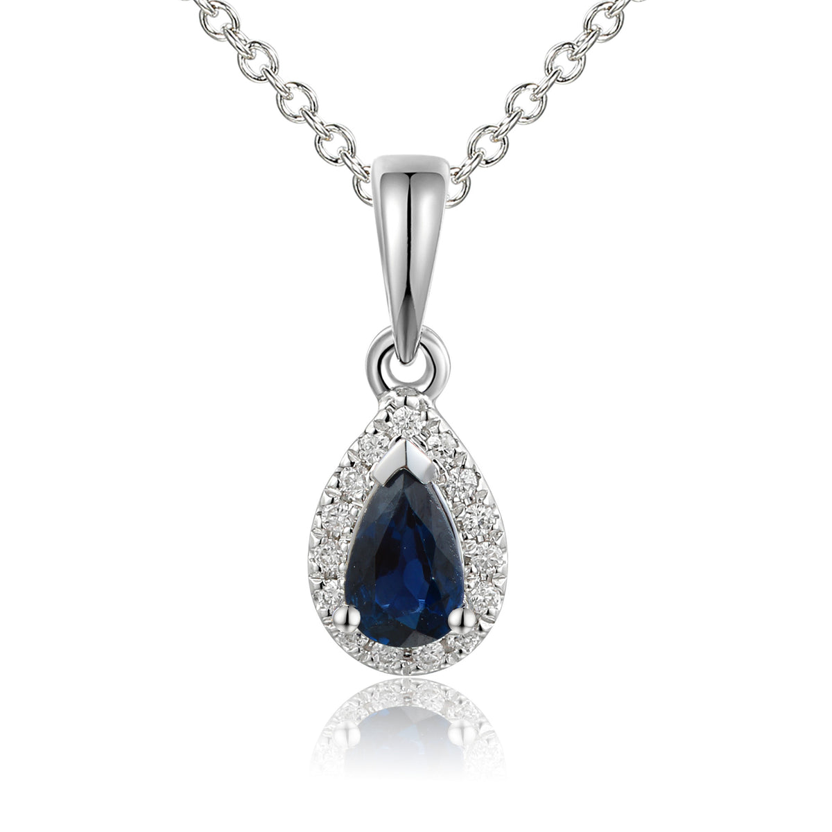 Pear blue sapphire and diamond halo pendant and chain in 18k white gold